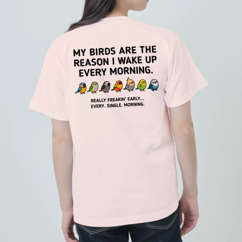 Cody the Lovebirdの（両面）仲良しインコ（表面）+ モーニングバード (背面）Chubby Bird ヘビーウェイトTシャツ