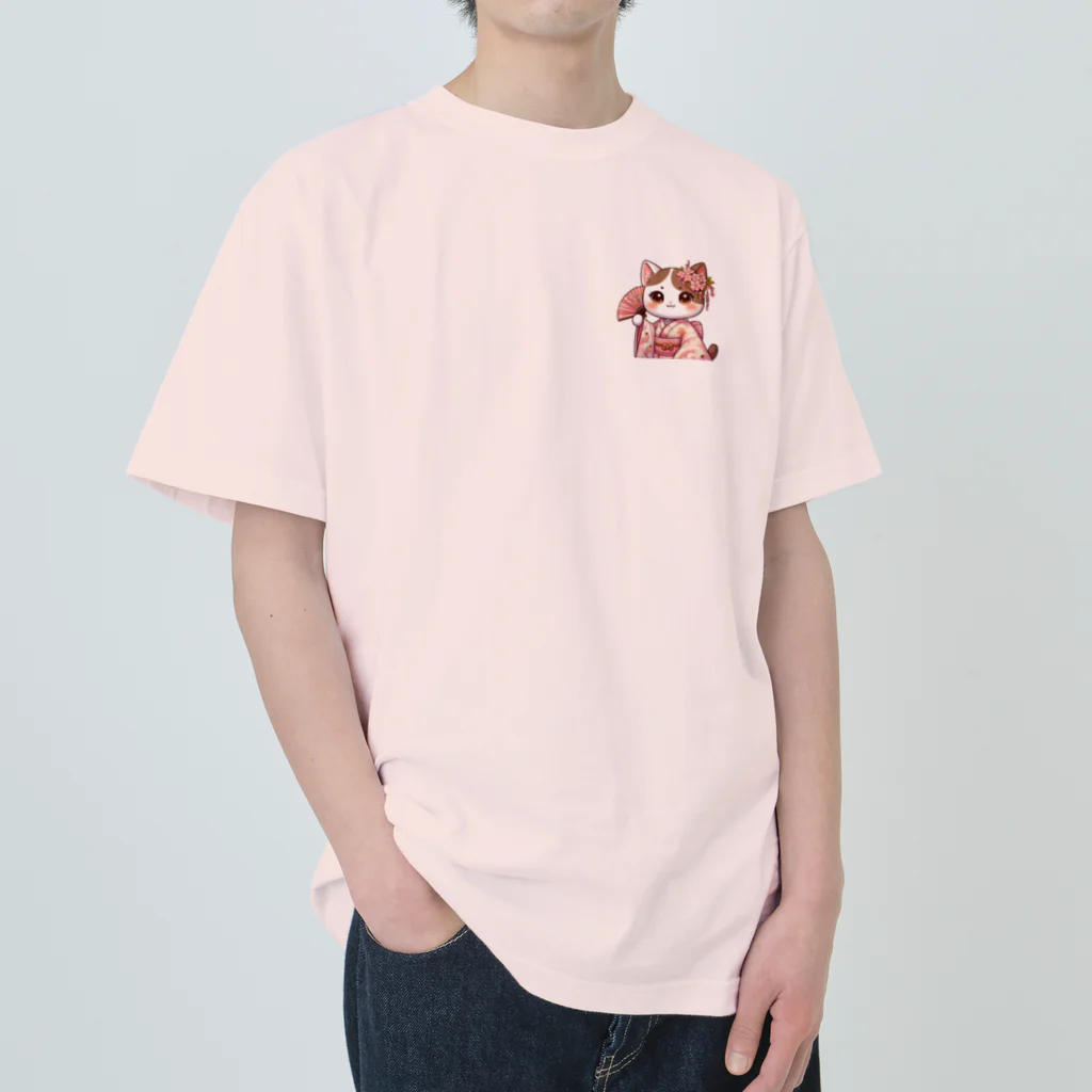 猫好き Japanの振り袖ねこ Heavyweight T-Shirt