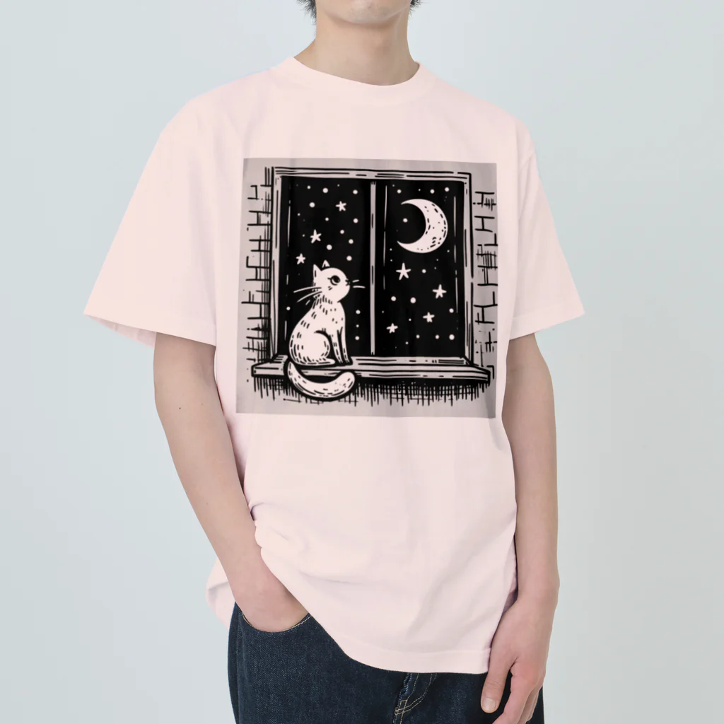 キキの夜空を眺める白猫 ヘビーウェイトTシャツ