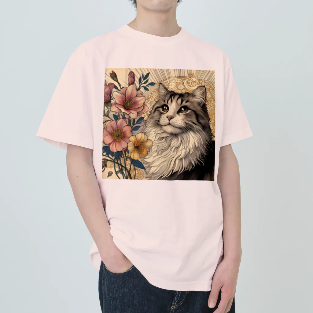猫の世界のアールヌーボーな猫ちゃぁぁん ヘビーウェイトTシャツ