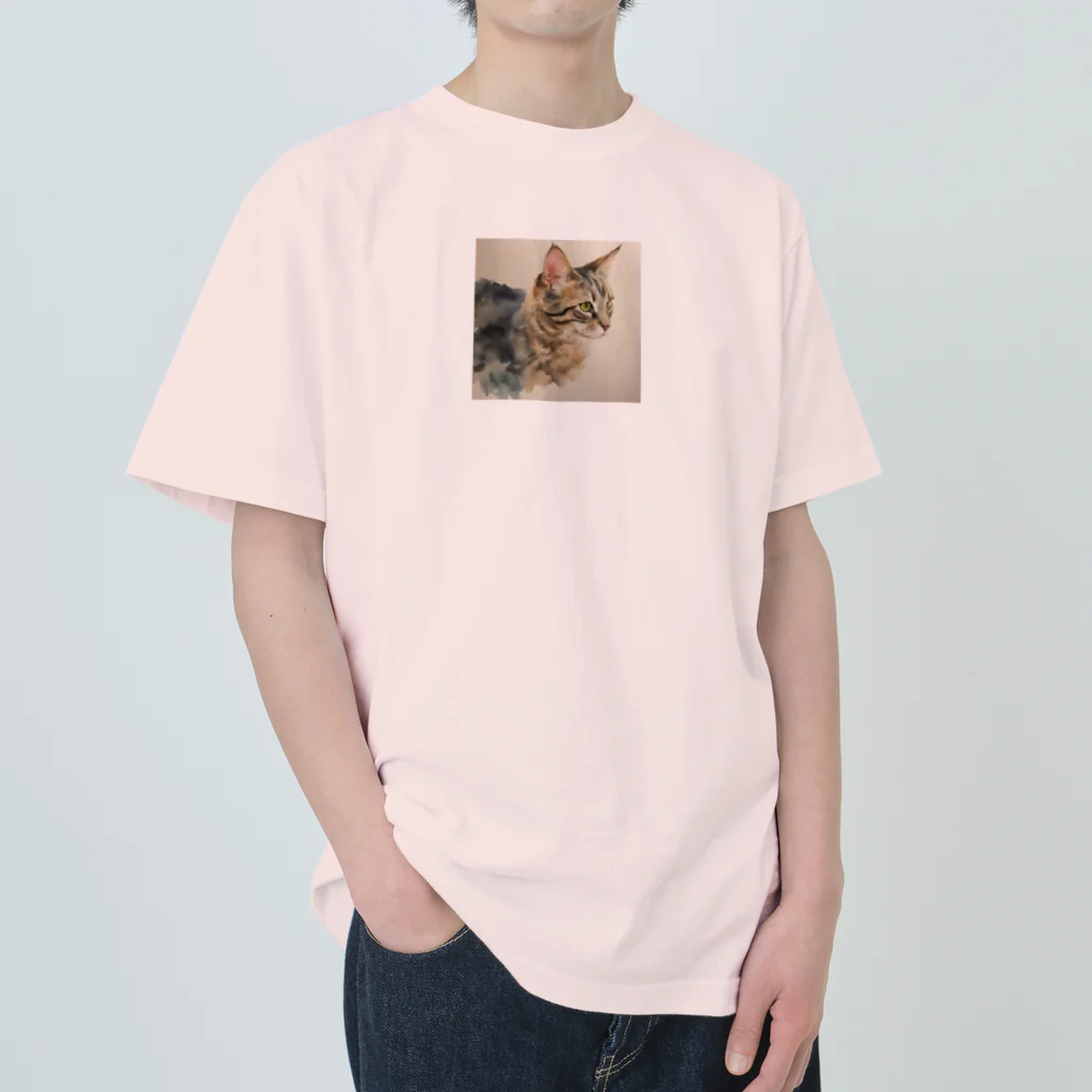 OkometoOmochiの横向き猫 ヘビーウェイトTシャツ