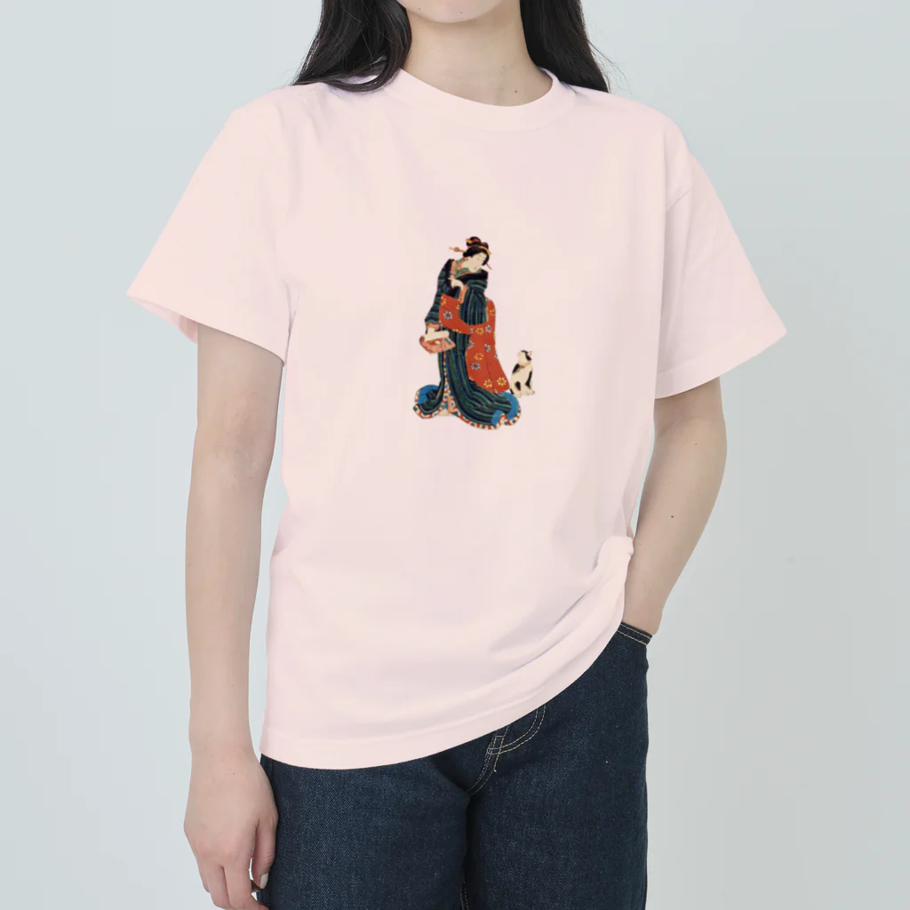 猫の浮世絵・草紙の美女の言いつけを聞く猫 ヘビーウェイトTシャツ