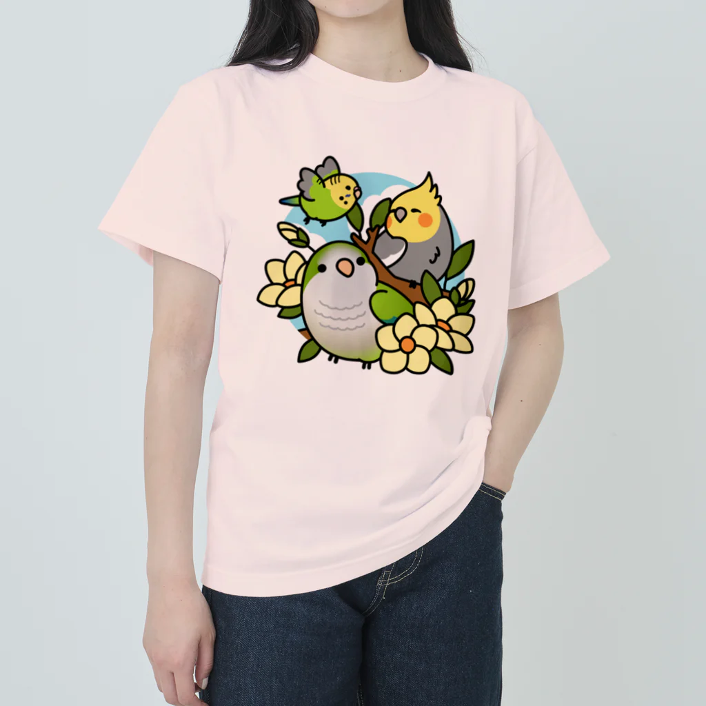 Cody the Lovebirdの（両面）仲良しインコ（表面）+ モーニングバード (背面）Chubby Bird ヘビーウェイトTシャツ