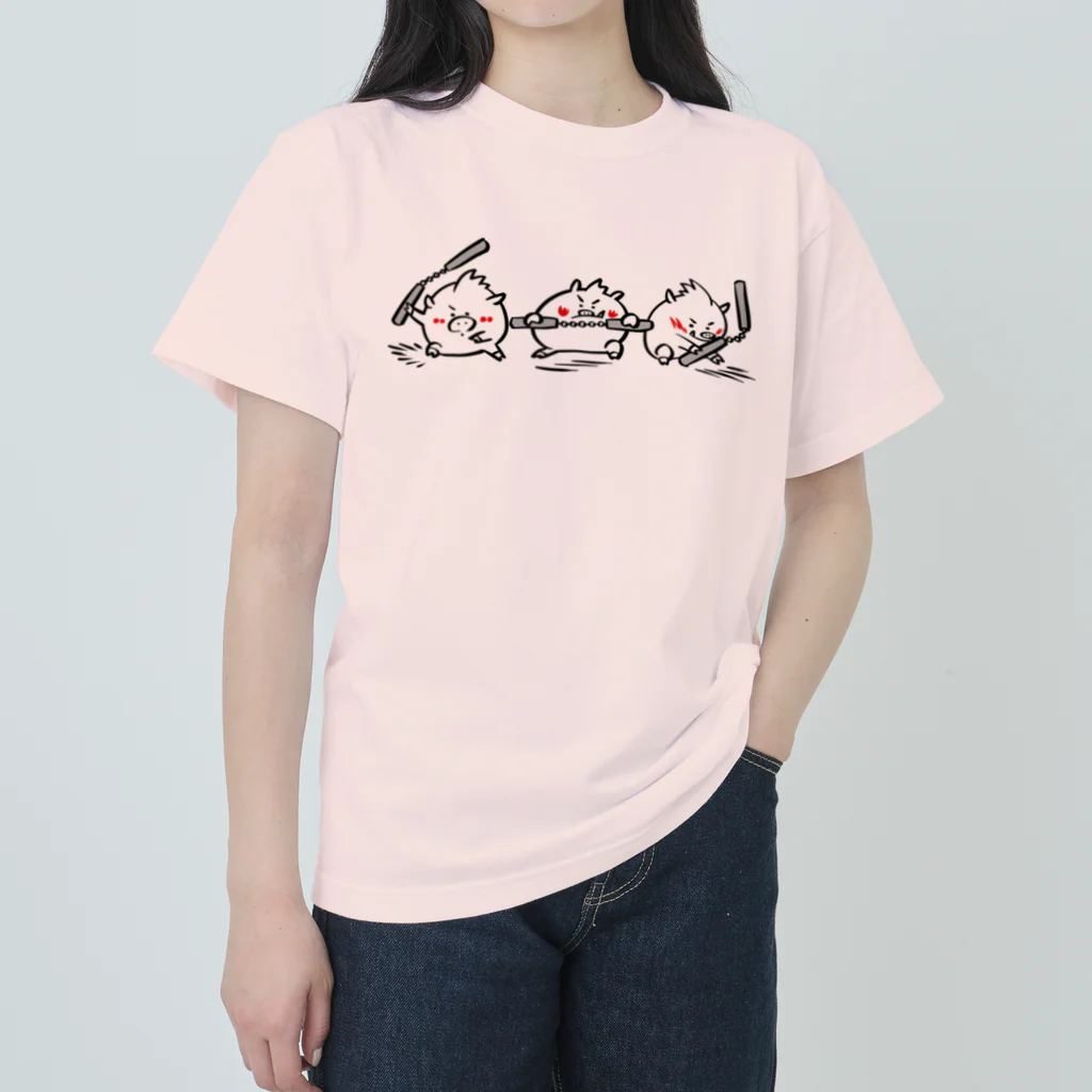 イノシシライフ INOsisiLIFEのヌンチャクいのしし（黒線） ヘビーウェイトTシャツ