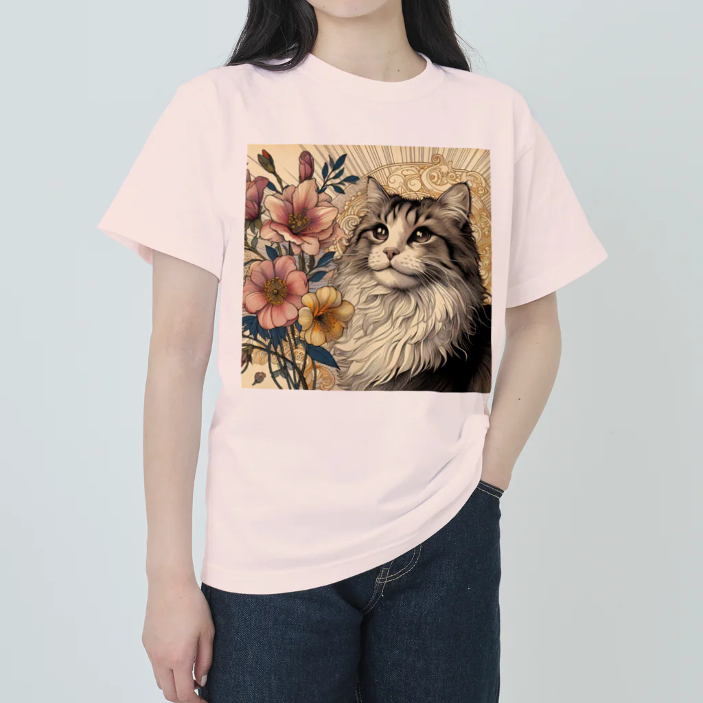 猫の世界のアールヌーボーな猫ちゃぁぁん ヘビーウェイトTシャツ