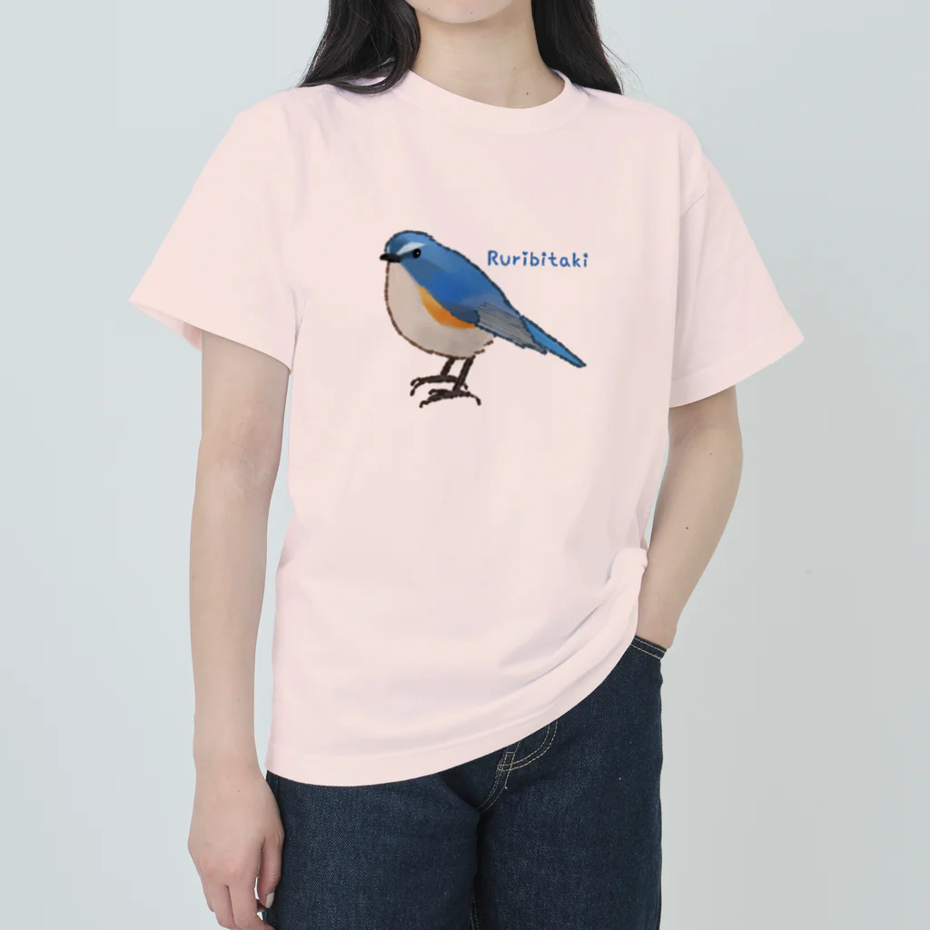 ゆるい生き物イラストグッズの幸せの青い鳥ルリビタキ ヘビーウェイトTシャツ