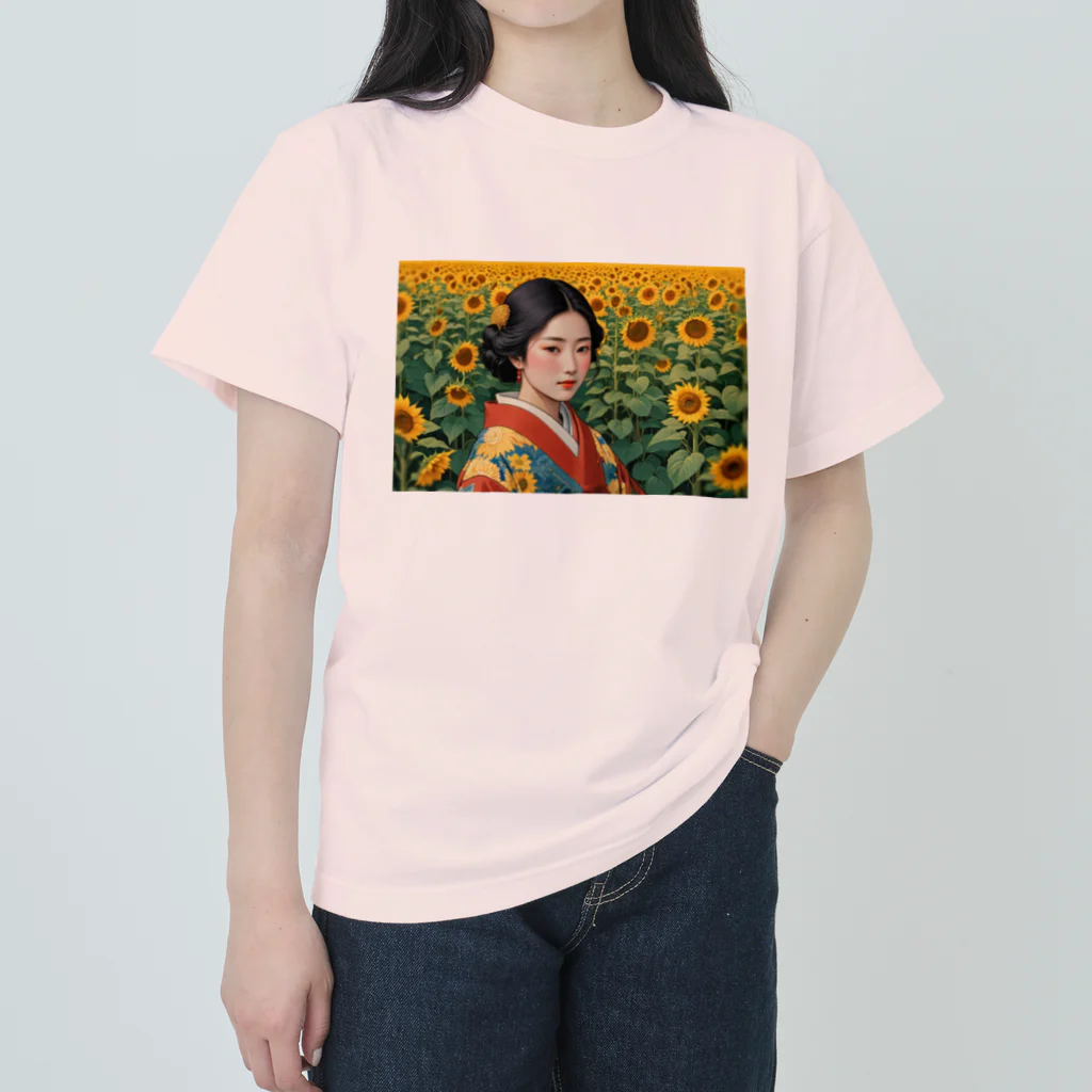 大正ロマン・昭和モダンの浮世絵風　向日葵畑美人図 Heavyweight T-Shirt