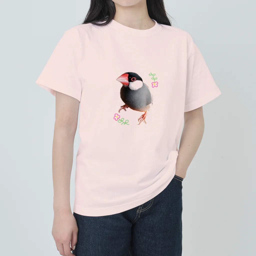 harupink🌸ペット似顔絵illustのFLOWER文鳥さん ヘビーウェイトTシャツ