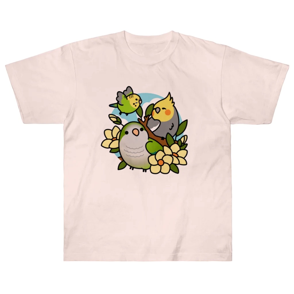 Cody the Lovebirdの（両面）仲良しインコ（表面）+ モーニングバード (背面）Chubby Bird ヘビーウェイトTシャツ