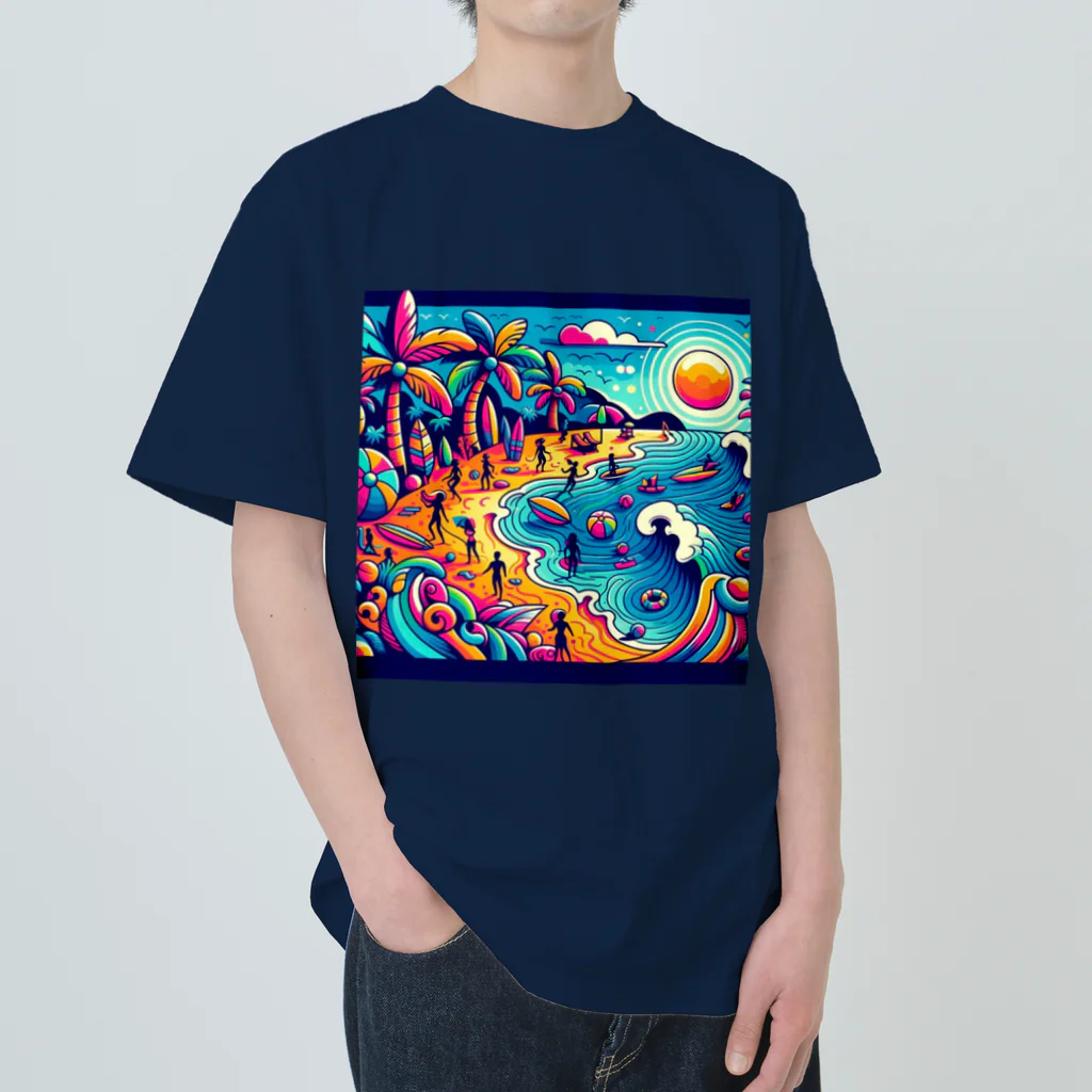 Ouga_の海岸が可愛く描かれた ヘビーウェイトTシャツ