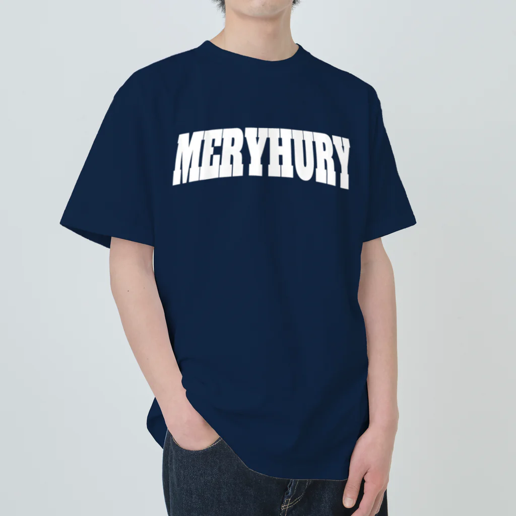 MERRY HURRYのカレッジ風ロゴ白 ヘビーウェイトTシャツ