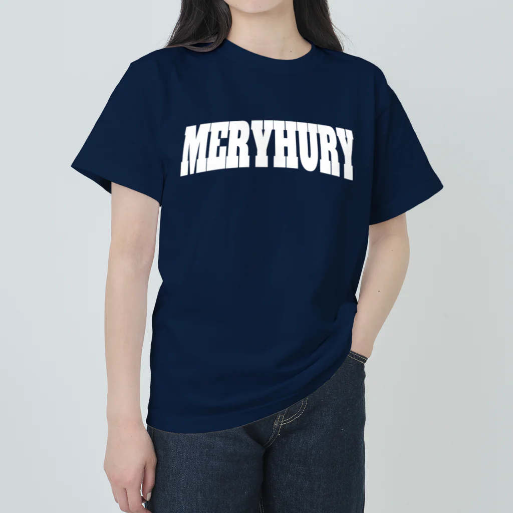 MERRY HURRYのカレッジ風ロゴ白 ヘビーウェイトTシャツ