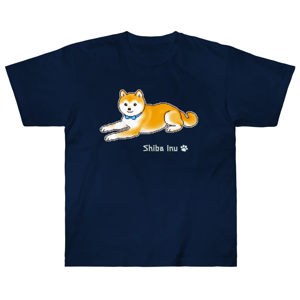 Shiba Inu Streetの水色の首輪をつけてゆったり座る柴犬のドット絵 Heavyweight T-Shirt