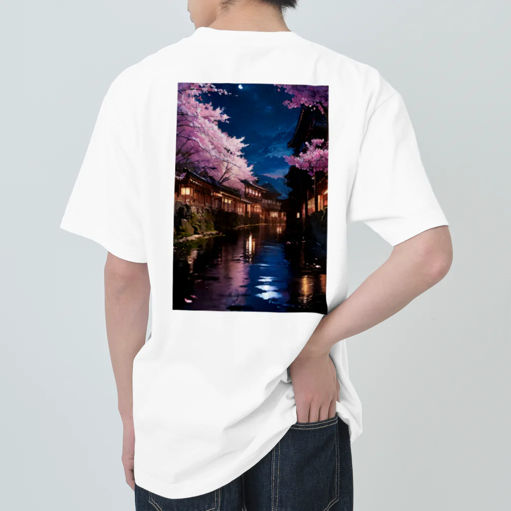 Inner Peace Channelの川と桜と明かり ヘビーウェイトTシャツ