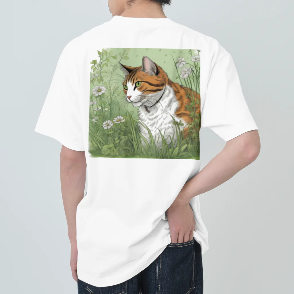 にゃんこーねこの草の中の猫 ヘビーウェイトTシャツ