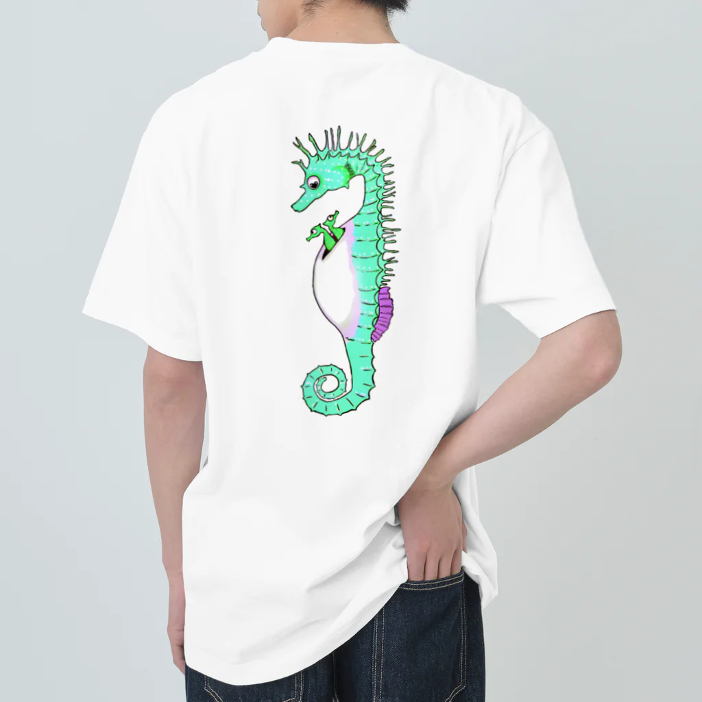 LalaHangeulのタツノオトシゴさんはイクメンです　グリーンバージョン(バックプリント) Heavyweight T-Shirt