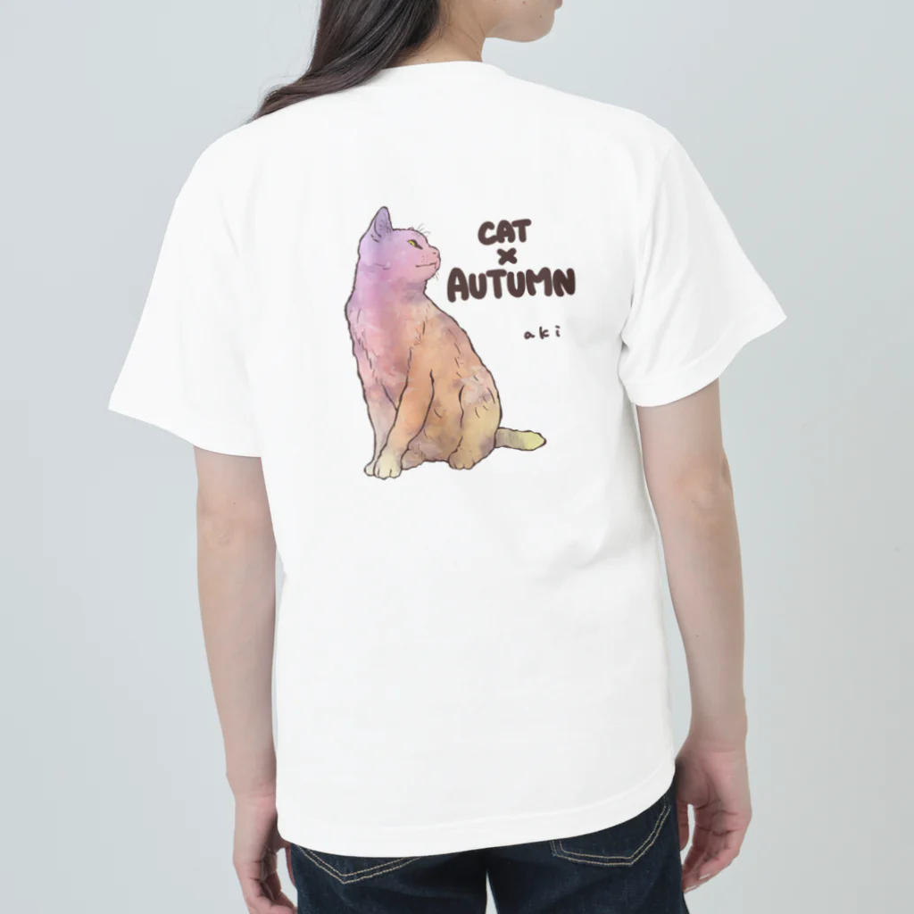 SHOP AKIの（白ロゴ）猫と秋 ヘビーウェイトTシャツ