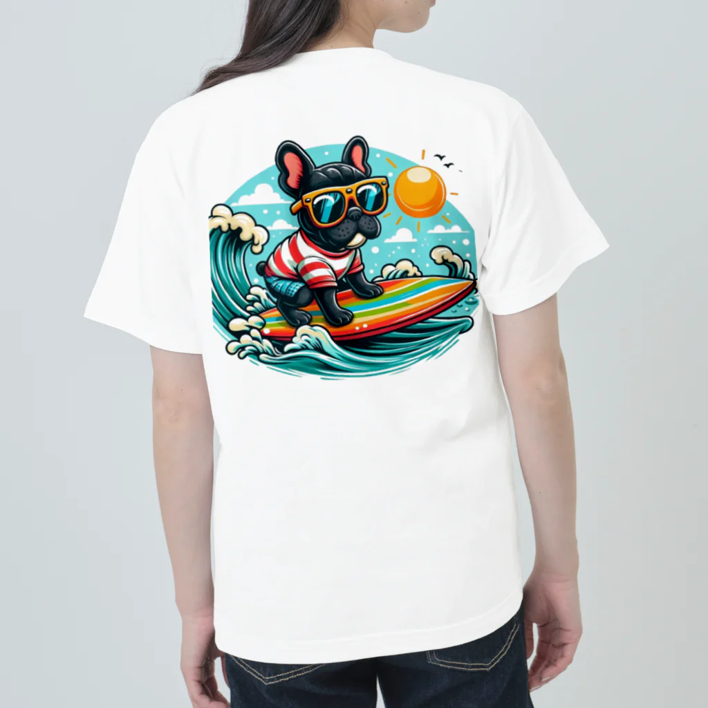 Surfing Dogの波乗りフレンチブルドッグ ヘビーウェイトTシャツ