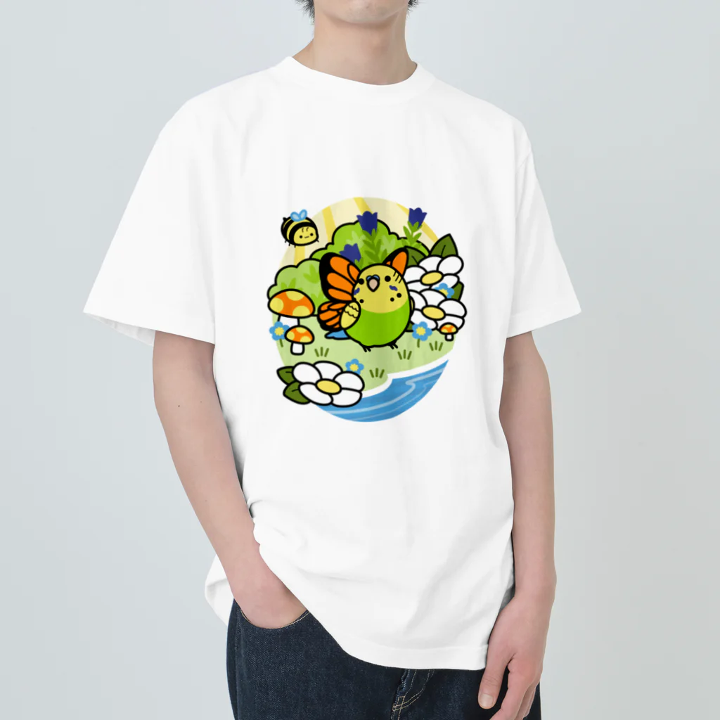 Cody the LovebirdのChubby Bird セキセイインコの妖精 Matcha 一緒に森を守ろう！ ヘビーウェイトTシャツ