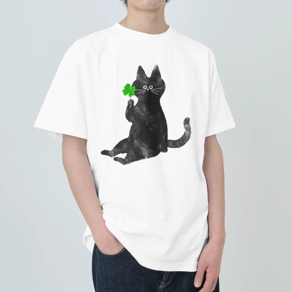 asako-shopの四葉のクローバーとねこ🍀 ヘビーウェイトTシャツ