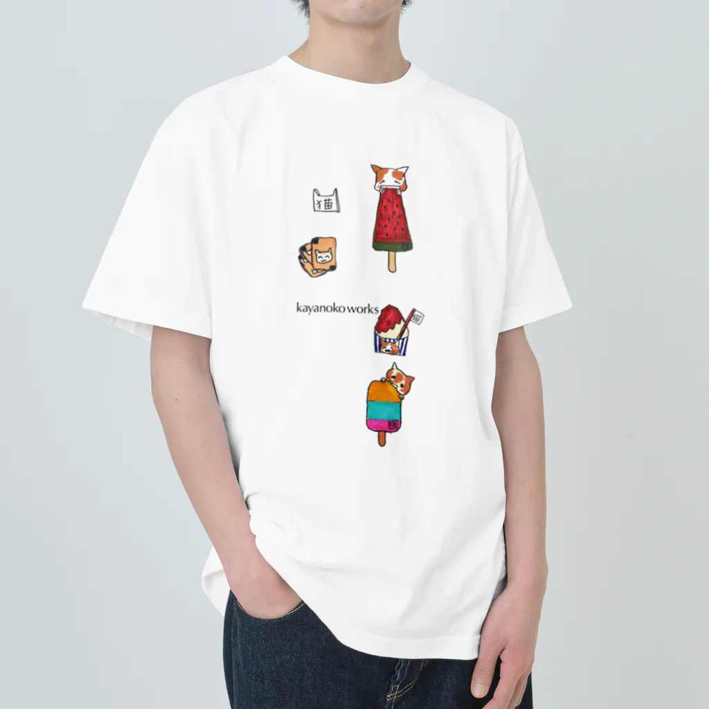 kayanoko worksの夏の猫ちゃん　（スイカ） Heavyweight T-Shirt