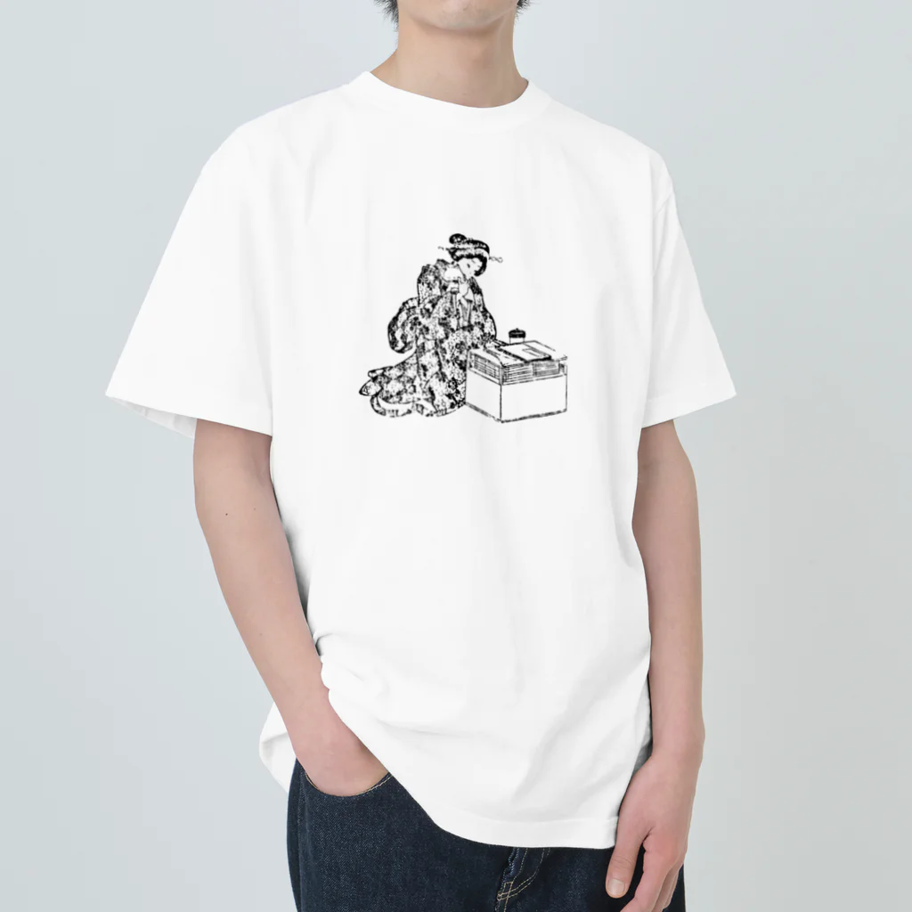 猫の浮世絵・草紙の猫を抱く美女 Heavyweight T-Shirt