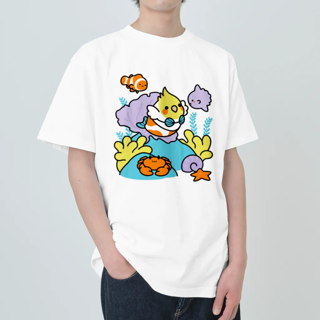 Cody the Lovebirdの（両面）オカメインコと海のお友達 & 南の島で夏休み Chubby Bird ヘビーウェイトTシャツ