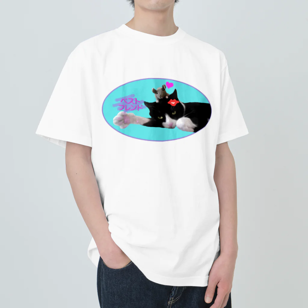 Kaeru Craftのベストフレンド ネコ丸とネズミ（ブルー） ヘビーウェイトTシャツ