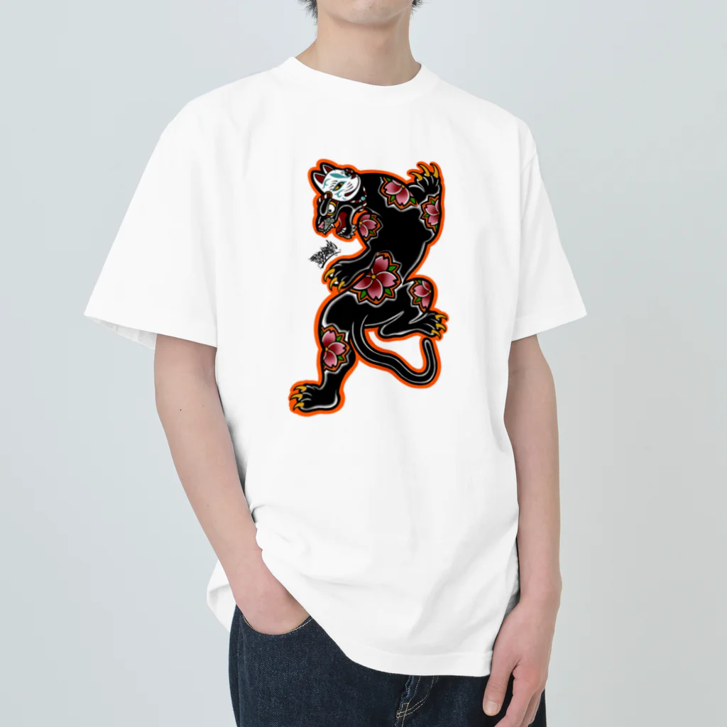 尾九の狐面 桜柄黒豹 Heavyweight T-Shirt