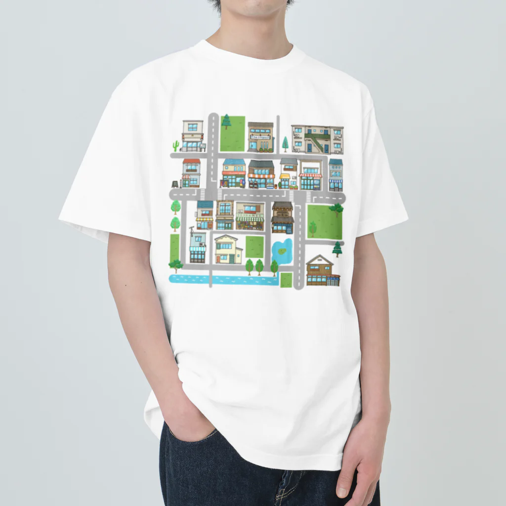 マル虫工房の建物たくさんイラストマップ Heavyweight T-Shirt