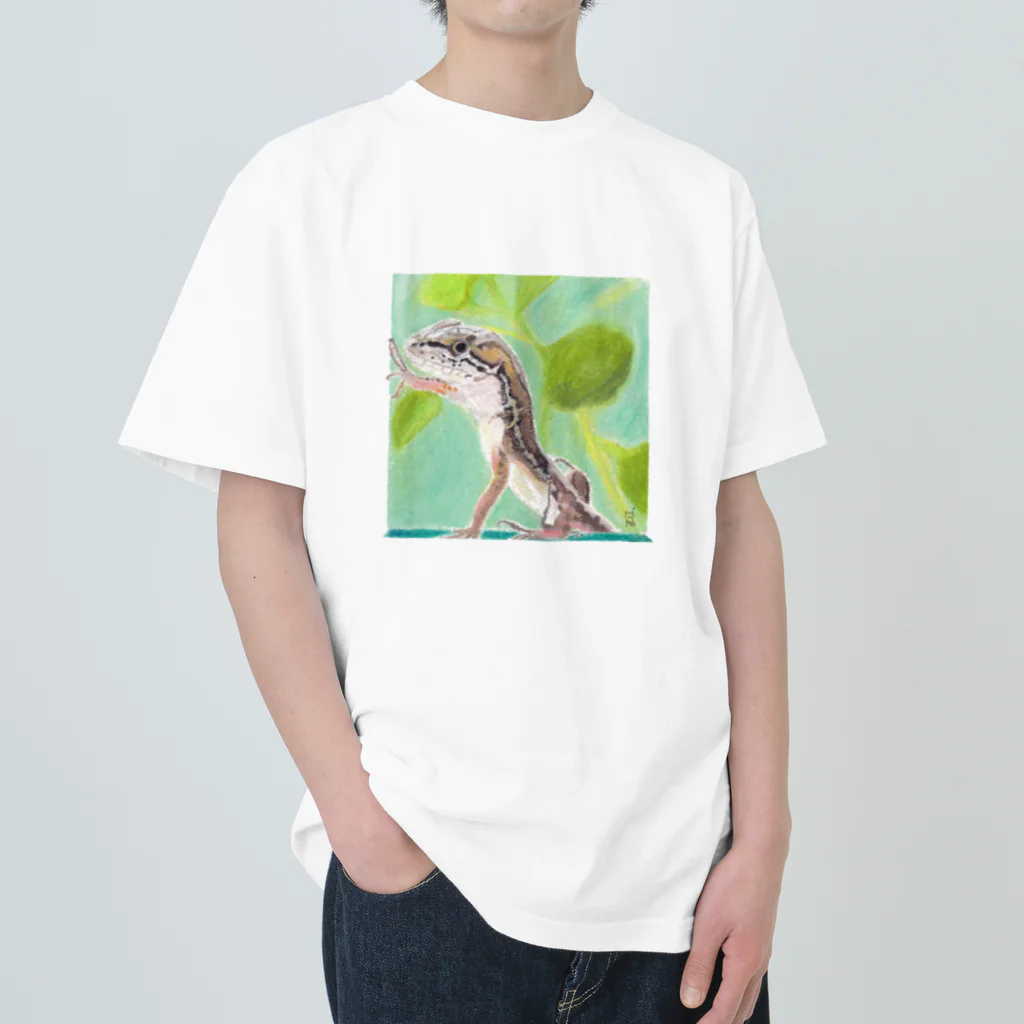 みるきち【ペットイラストアーティスト】の飛び出すカナヘビ① ヘビーウェイトTシャツ