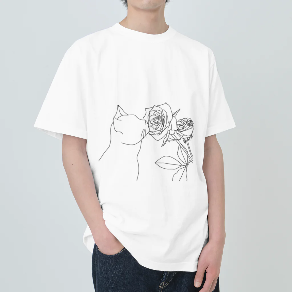 J's egg gardenの植物シリーズ　猫とバラ ヘビーウェイトTシャツ