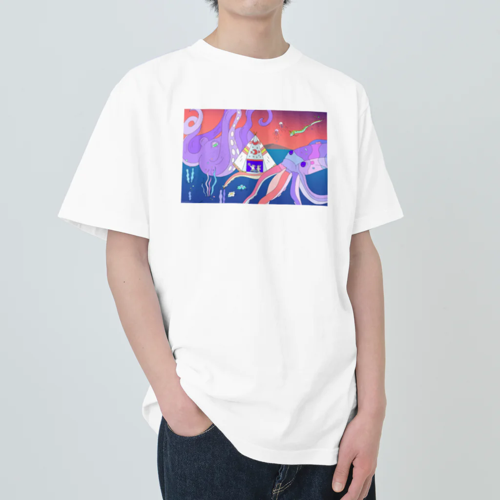 宇宙キャンプの深海でDJするねこ、タコとイカ、クラゲ、リュウグウノツカイ Heavyweight T-Shirt