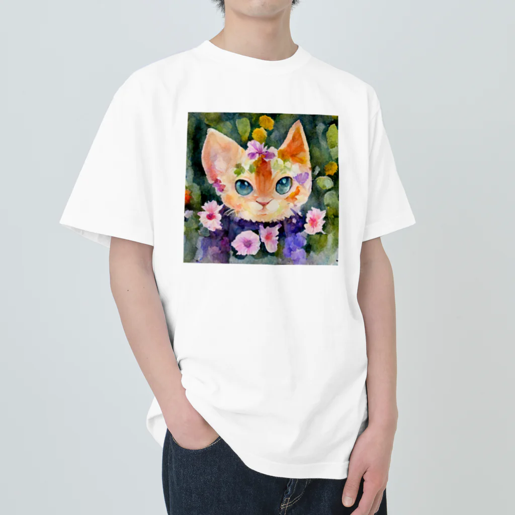 ccaattの花畑で子猫とかくれんぼ ヘビーウェイトTシャツ