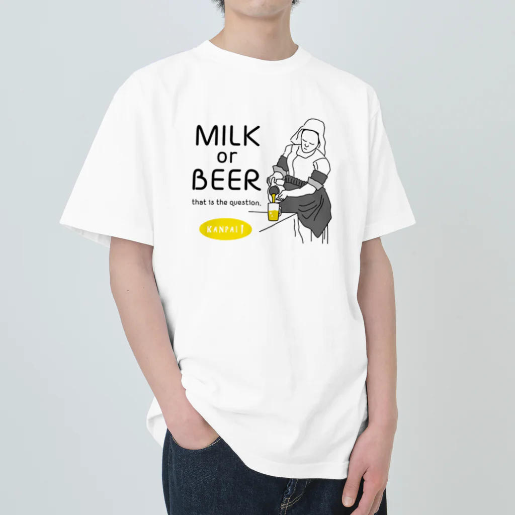 ビールとアート TM-3 Designの名画 × BEER（牛乳を注ぐ女・牛乳かビールか、それが問題だ。）黒線画 Heavyweight T-Shirt