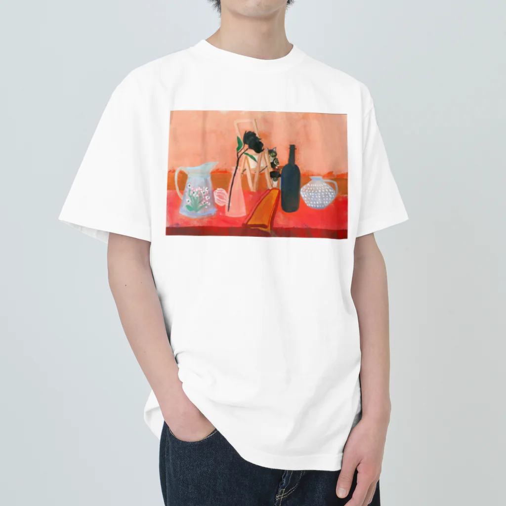 Yuhki | おばけのゆうき 公式オンラインショップ　【ちぎり絵・貼り絵のTシャツ・パーカー・スマホケース・バッグ・日用品・雑貨・文具・ドッグTシャツなど販売中】の油絵を描く猫 Heavyweight T-Shirt