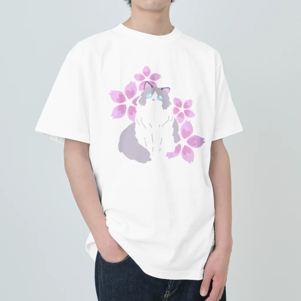 Kotetsu diary(SUZURI店)のラグドール×桜 ヘビーウェイトTシャツ