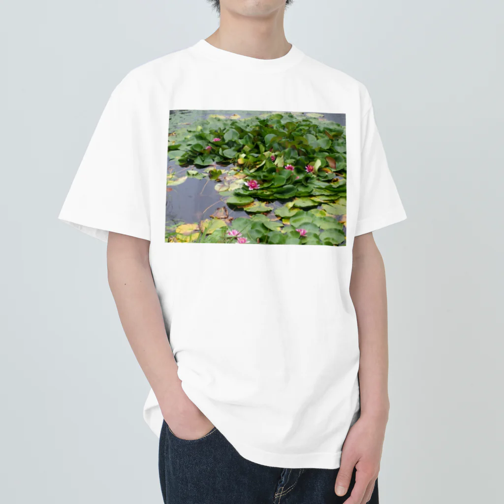 クマ室没注意の池と蓮の花 ヘビーウェイトTシャツ