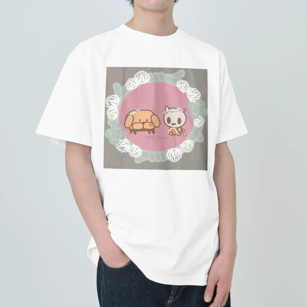 tobushiのシロツメクサとアリクイ達 ヘビーウェイトTシャツ