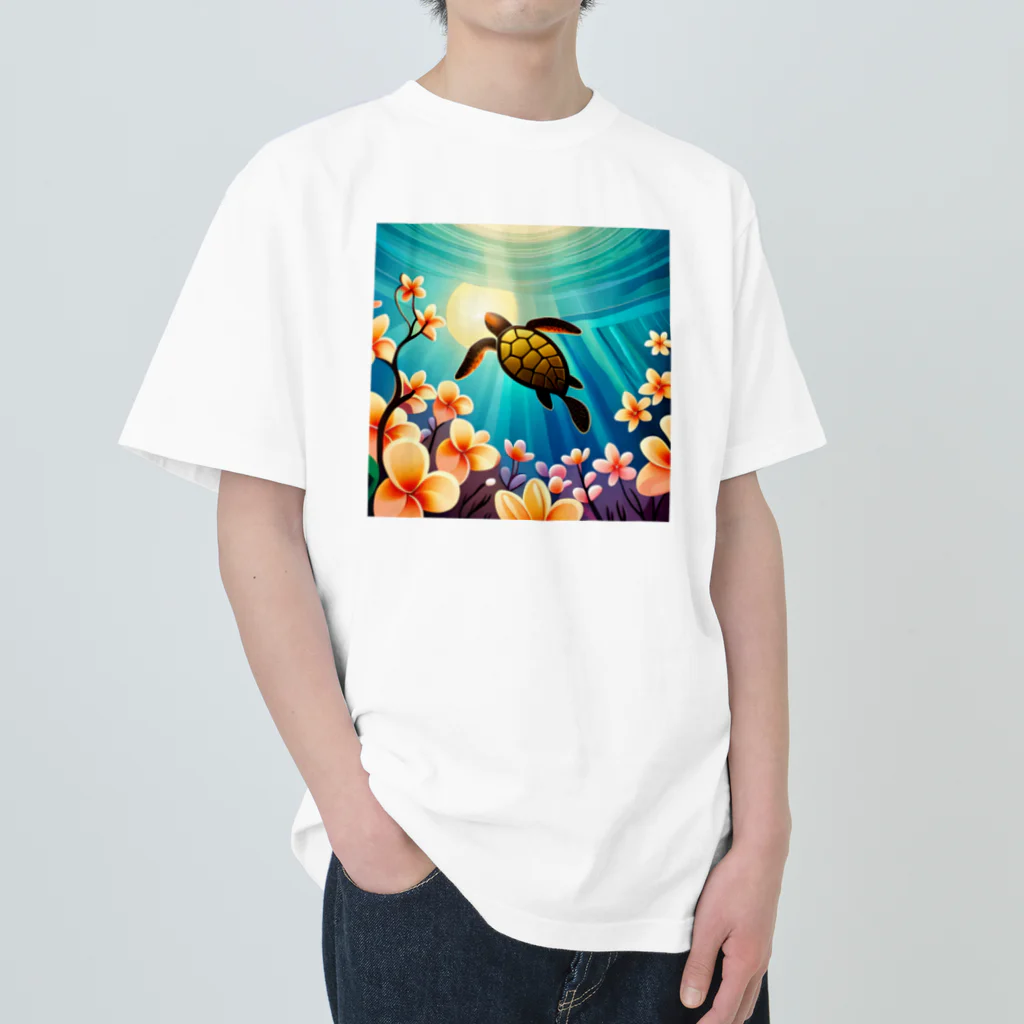 青空クリエイトの海亀とプルメリア ヘビーウェイトTシャツ
