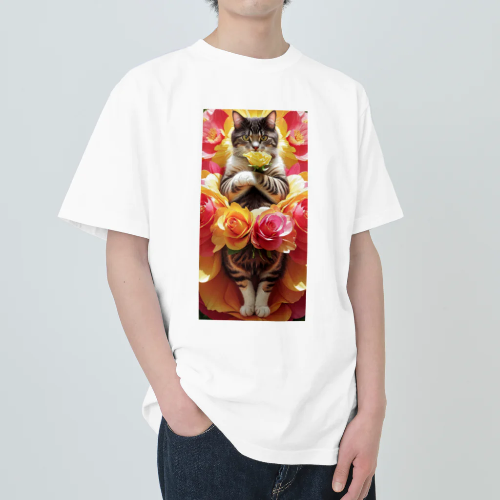 ukeroのフラワーキャット077 ヘビーウェイトTシャツ