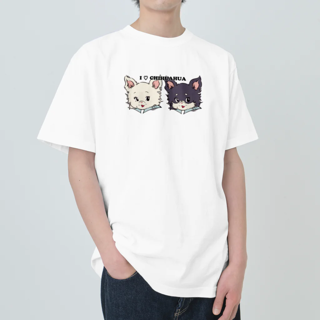 チャリティーグッズ-犬専門デザインのチワワ-ホワイト・クリーム&ブラックタン「I♡CHIHUAHUA」 Heavyweight T-Shirt