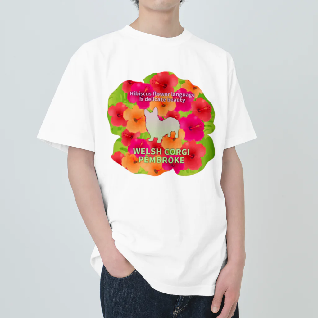 onehappinessのコーギー　hibiscus　花言葉　onehappiness ヘビーウェイトTシャツ