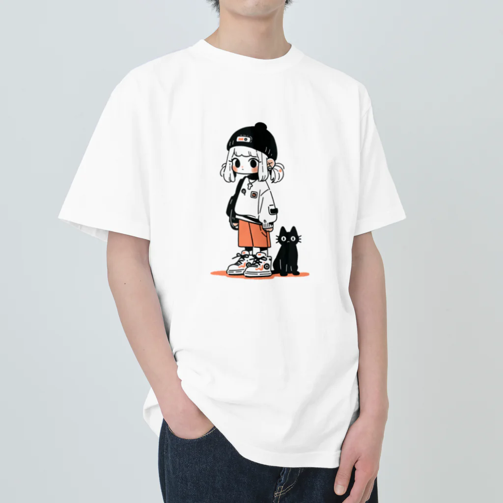 ショップ　キヨナリの黒猫とニット帽女子　オレンジ ヘビーウェイトTシャツ