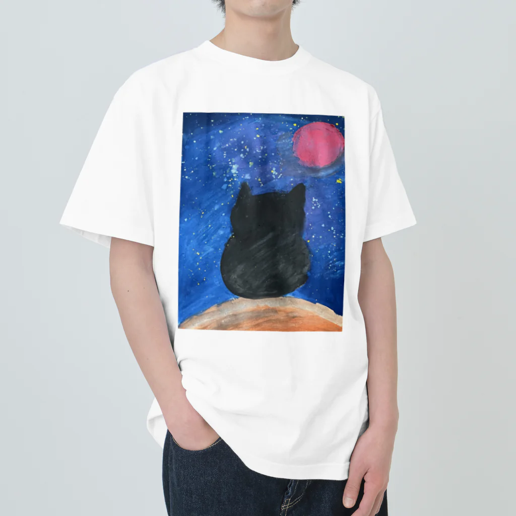superkemo3の赤い月と夜空を見上げる猫 Heavyweight T-Shirt