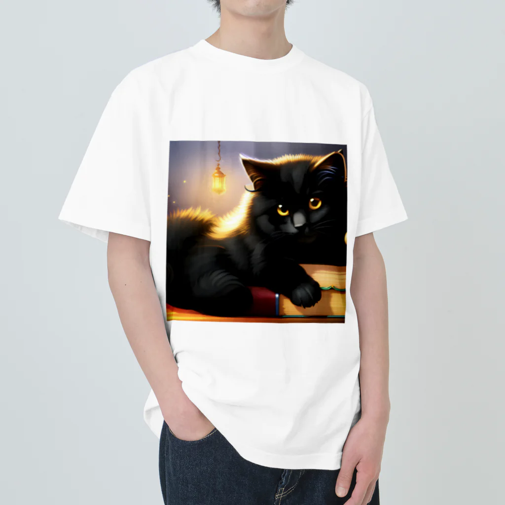 ねこノートの黒猫まるまり寝 ヘビーウェイトTシャツ