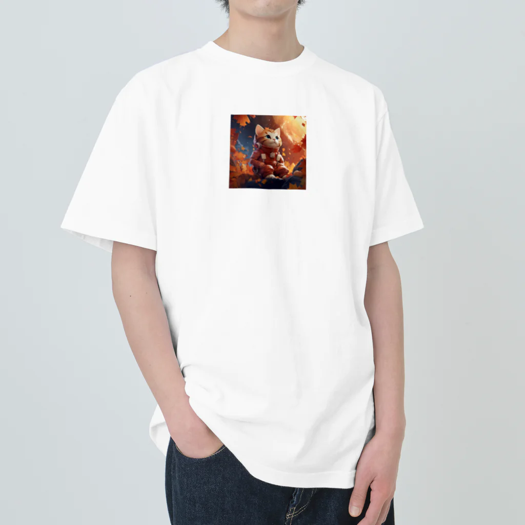 スペースキャットコレクションの🍁 宇宙猫の秋イラストグッズ 🍁 ヘビーウェイトTシャツ
