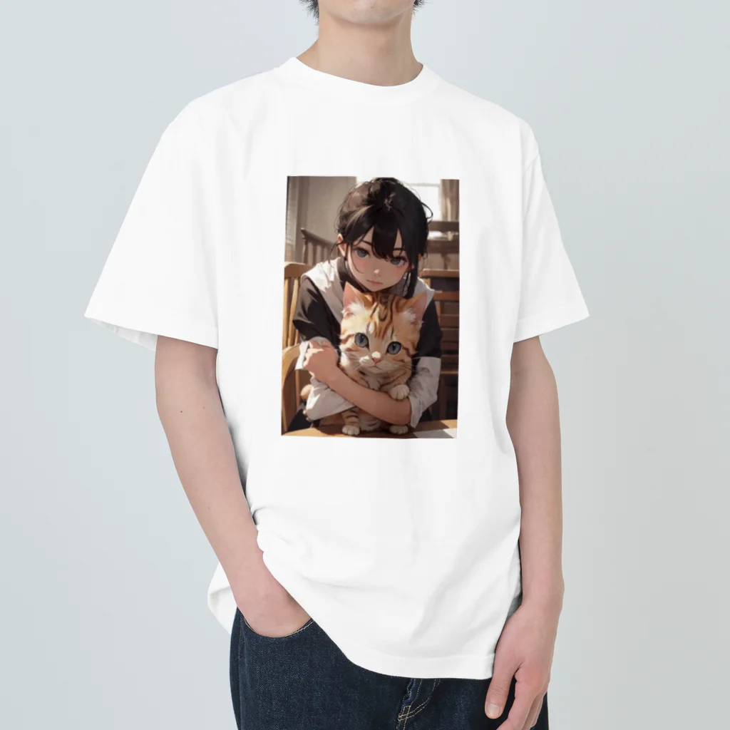 kazu_gのマンチカンを抱く美少女 Heavyweight T-Shirt