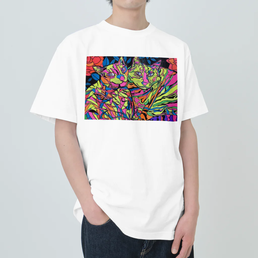 動物絵 Jamanakocic storeの2匹のネコ カラフルアイテム Heavyweight T-Shirt