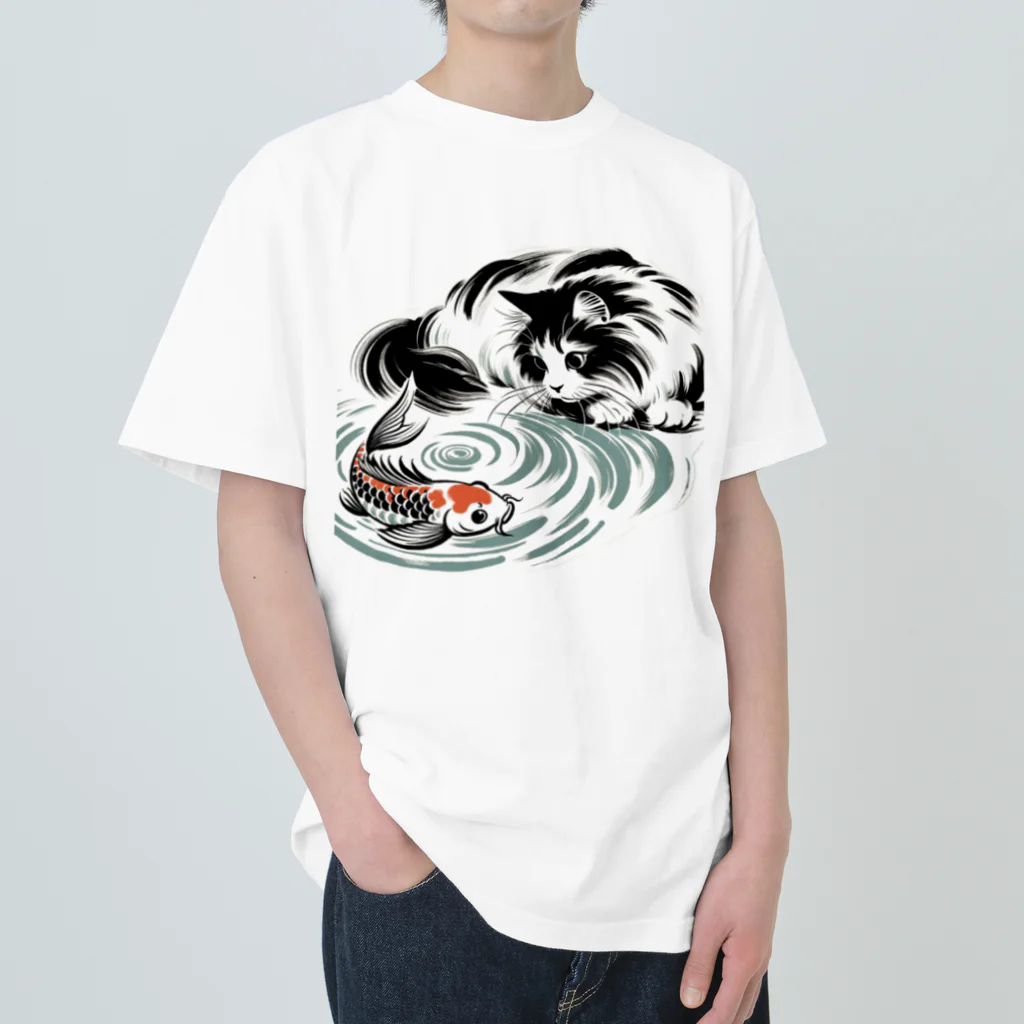 MakotOの猫と鯉（水墨画風） ヘビーウェイトTシャツ